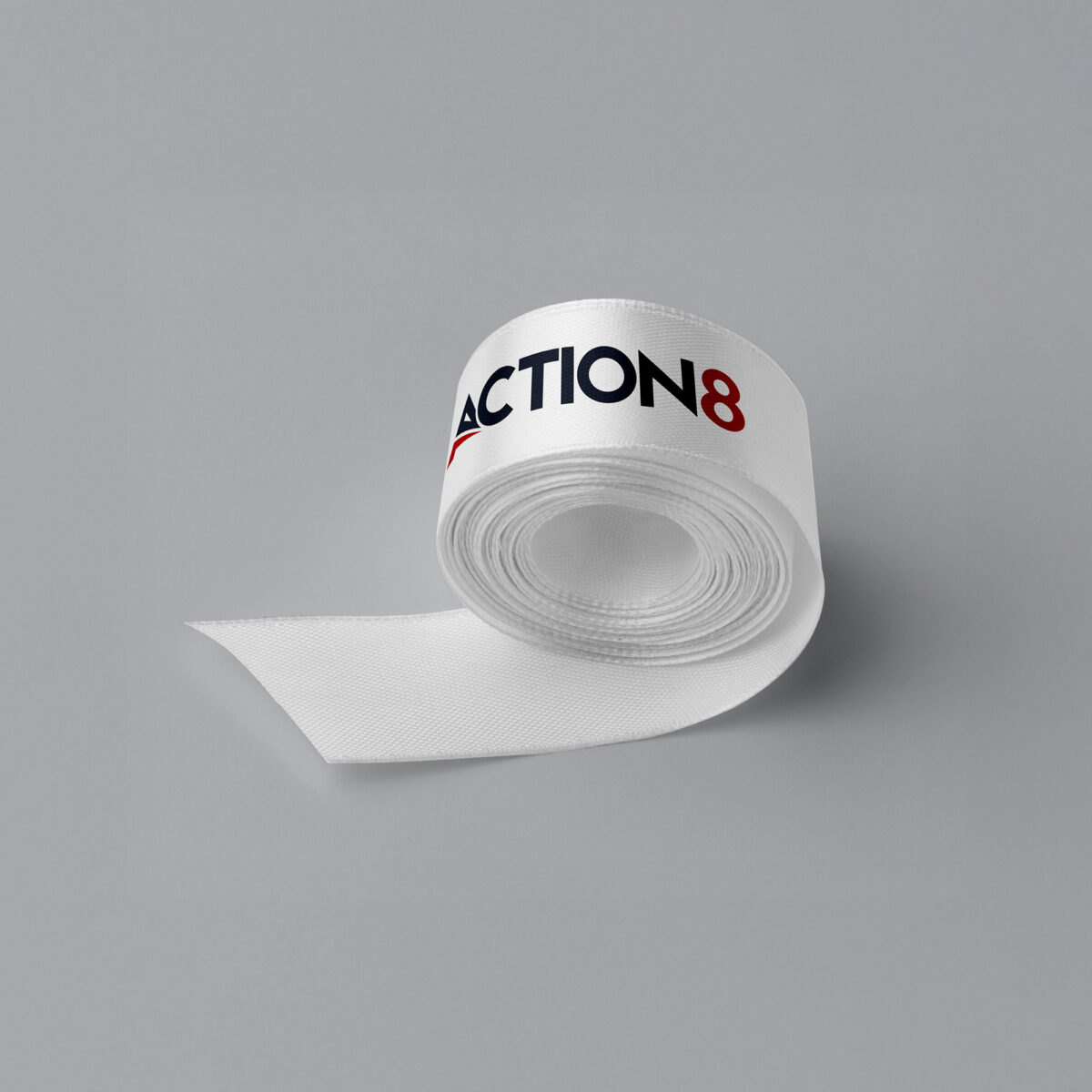 Custom Logo Printed White Satin Ribbon Roll Action8 custom ribbon printing branding Saudi Arabia