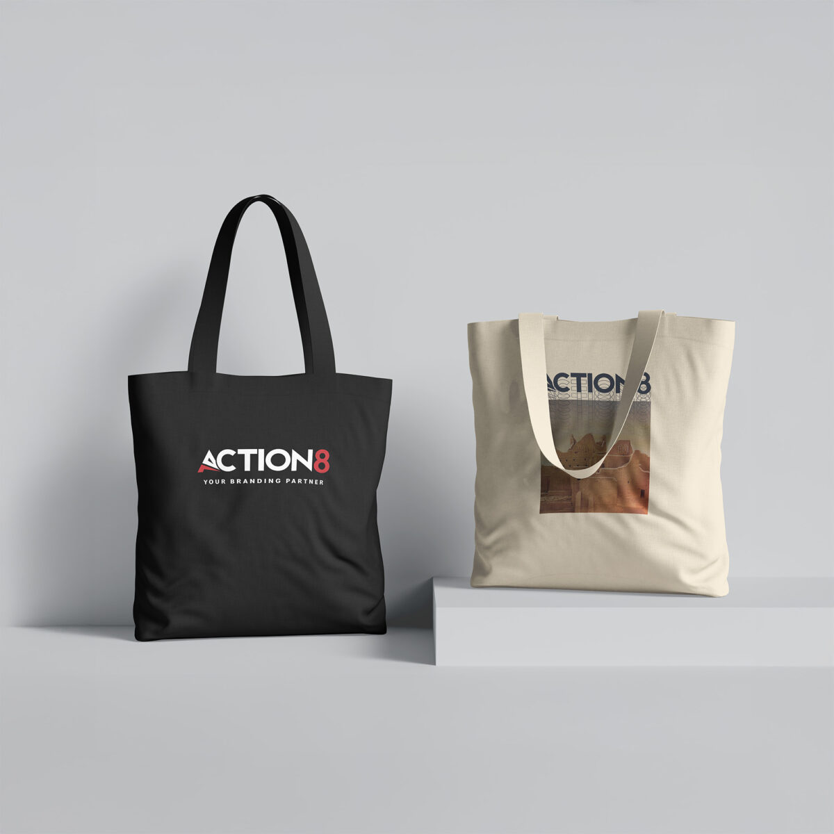 Custom Printed Canvas and Cotton Tote Bags Action8 custom tote bag printing canvas KSA branding