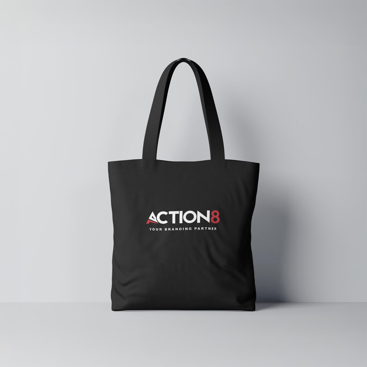 Action8 custom black tote bag printing KSA branding